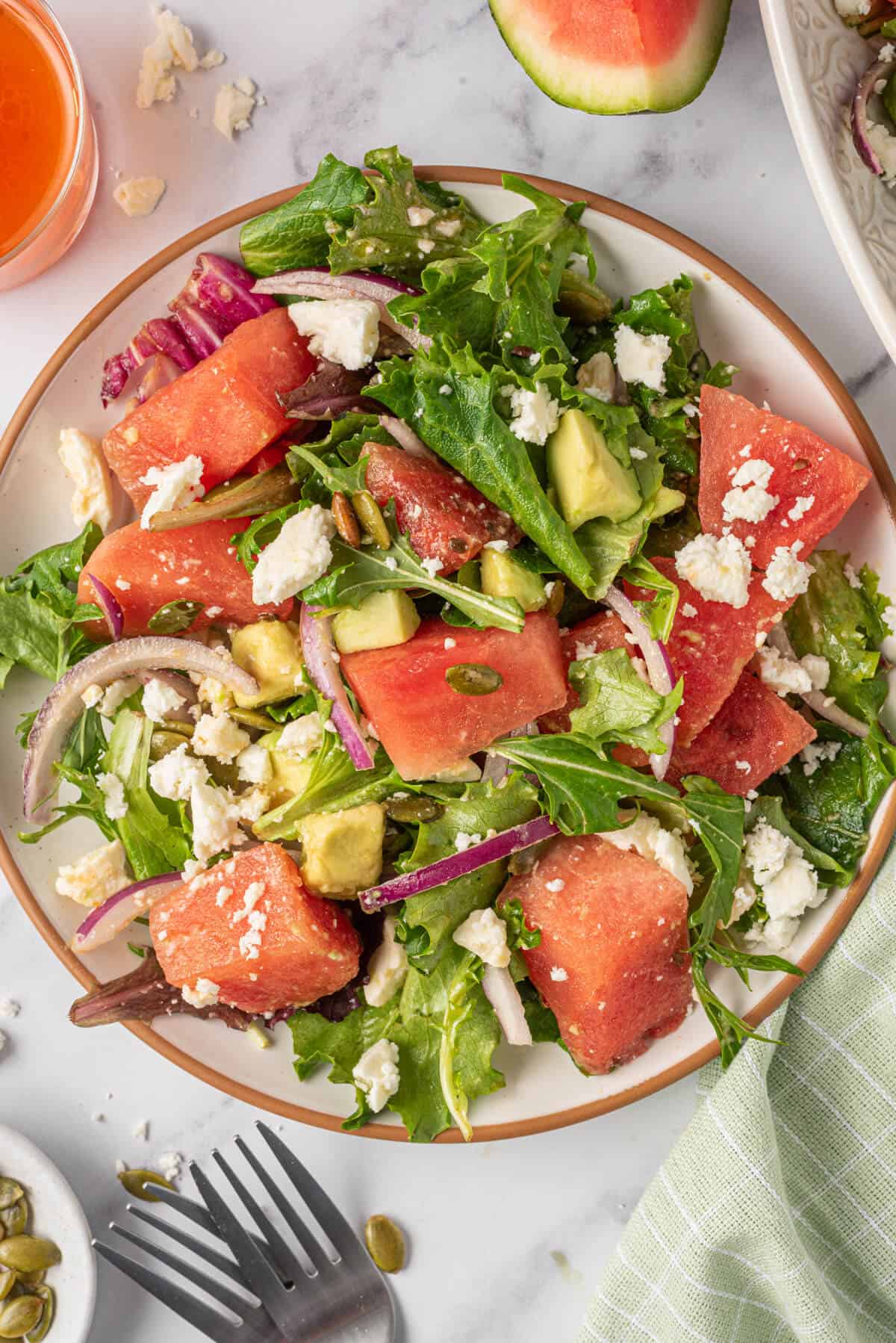 Watermelon and feta salad on a plate.