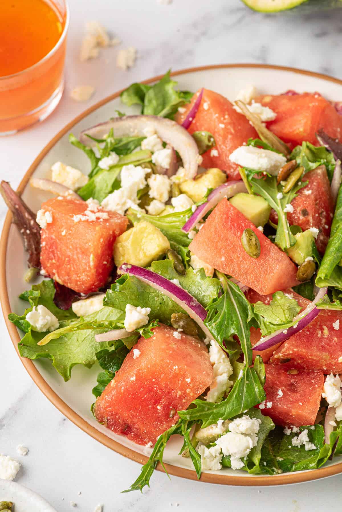 Watermelon and Feta Salad on a plate.