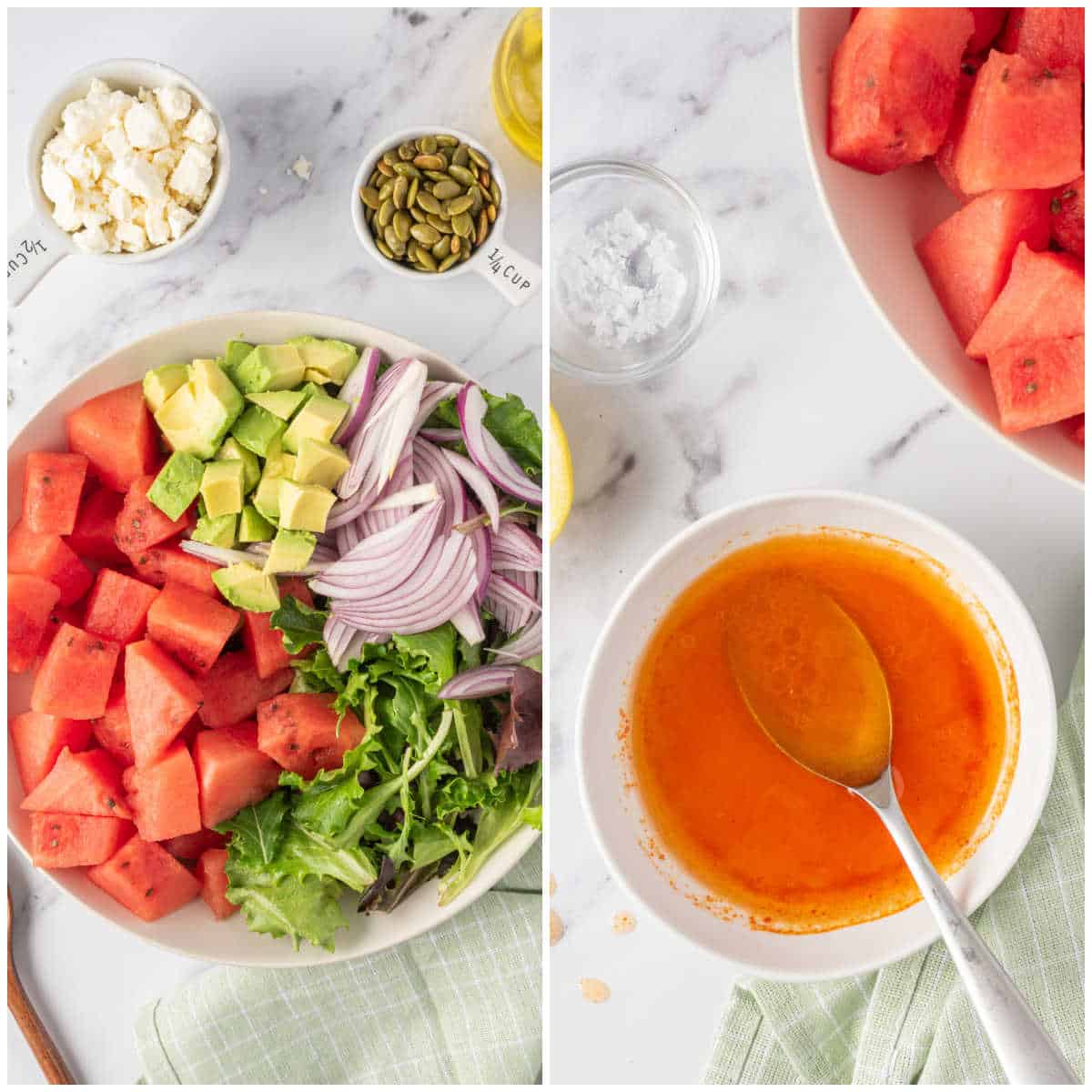 Steps to make watermelon and feta salad.