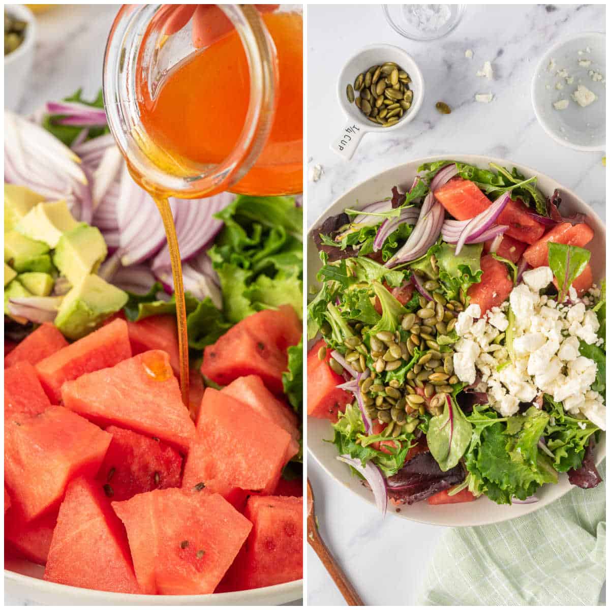 Steps to make watermelon and feta salad.