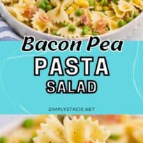 Bacon pea pasta salad pin image.