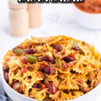 Chili pasta salad pin image.