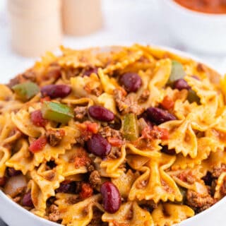 Chili Pasta Salad in a white bowl.