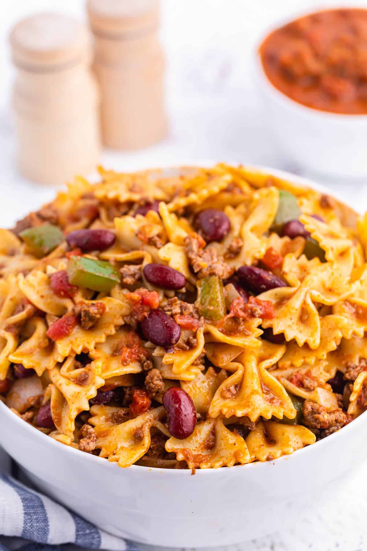 Chili Pasta Salad in a white bowl.