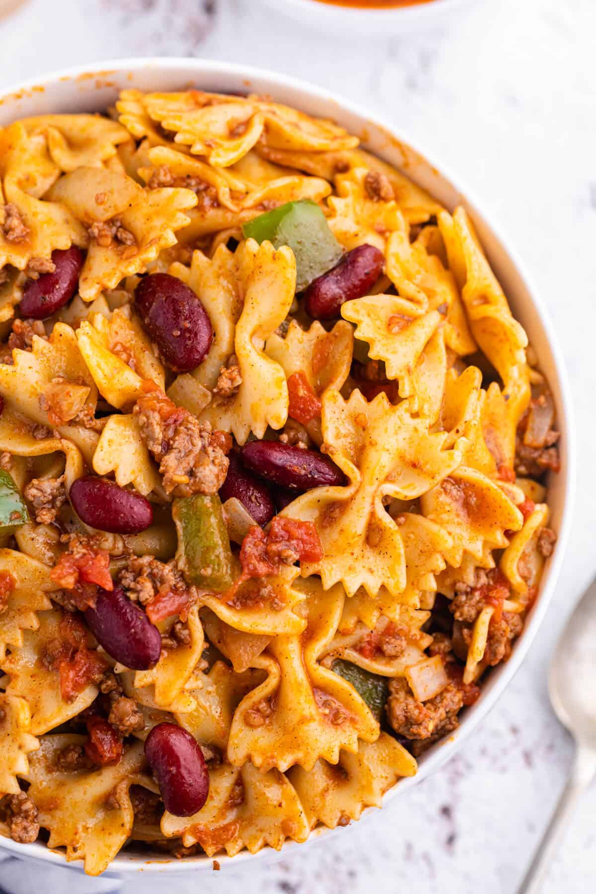 Chili Pasta Salad in a bowl.