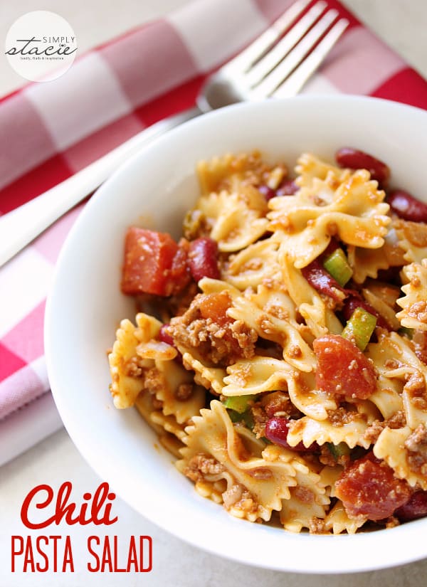 Chili Pasta Salad- tender bowtie noodles mixed with a spicy chili and tangy garlic dressing make a delicious pasta salad!
