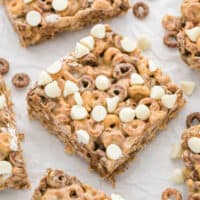 White Chocolate Peanut Butter Cheerios Treats cut into bars.