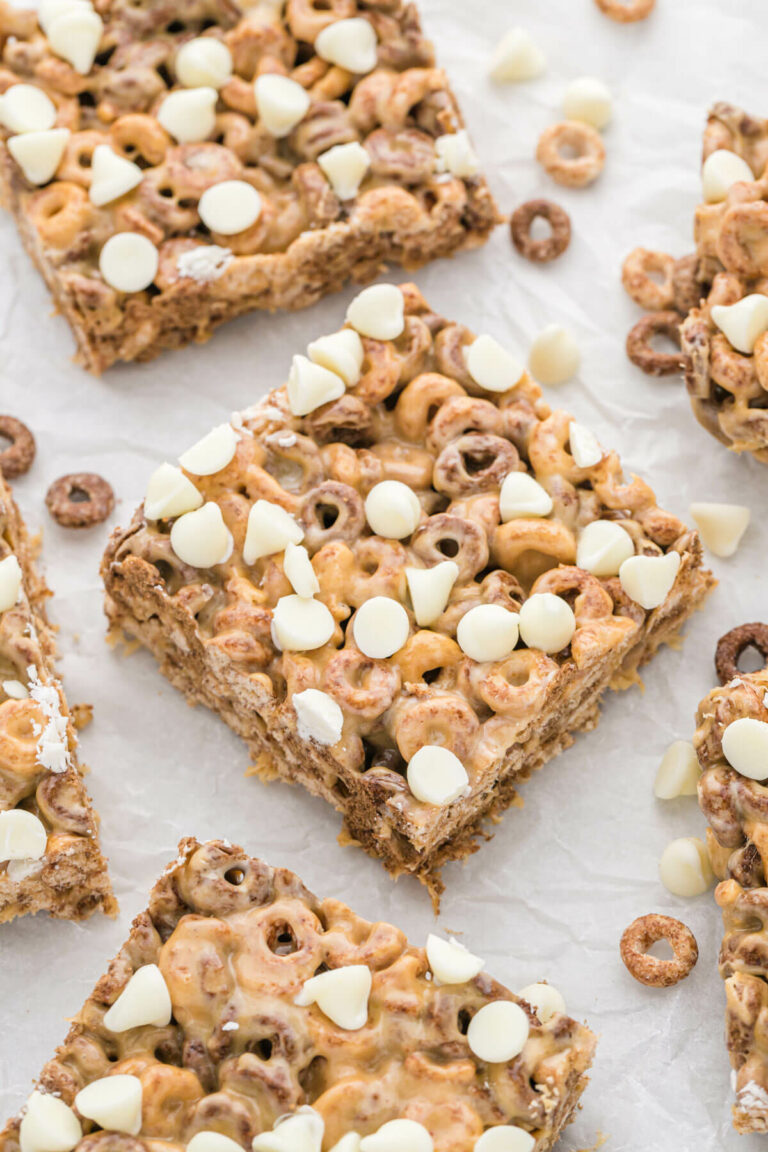 White Chocolate Peanut Butter Cheerios Treats cut into bars.