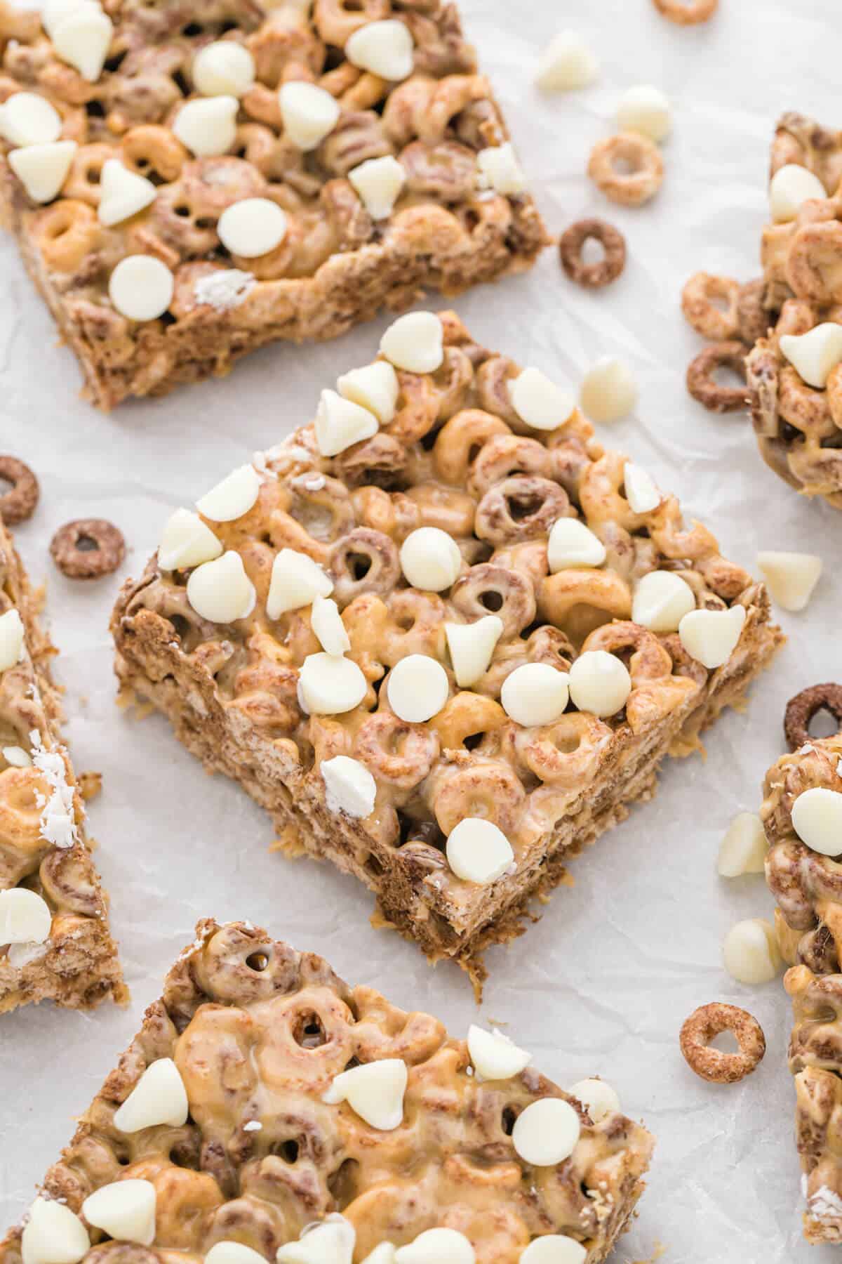 White Chocolate Peanut Butter Cheerios Treats cut into bars.