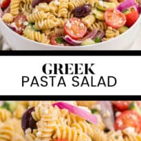 Greek Pasta salad collage image.