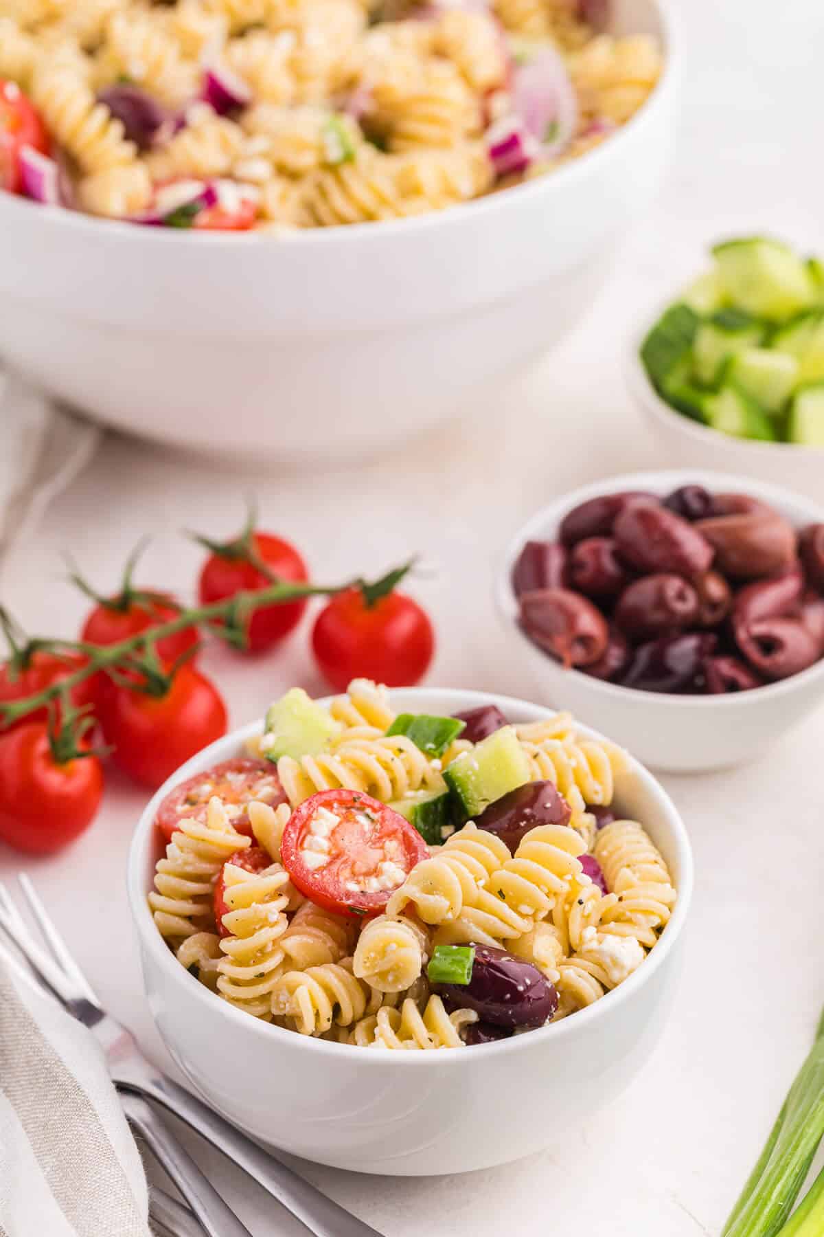 A small bowl of Greek Pasta Salad.