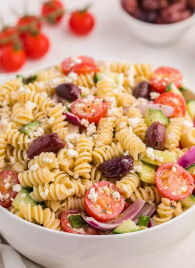 A bowl of Greek pasta salad.