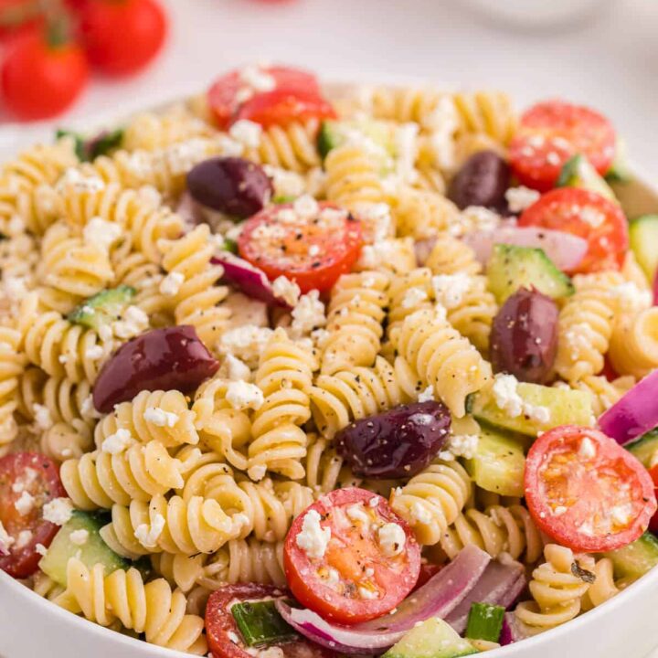 A bowl of Greek pasta salad.