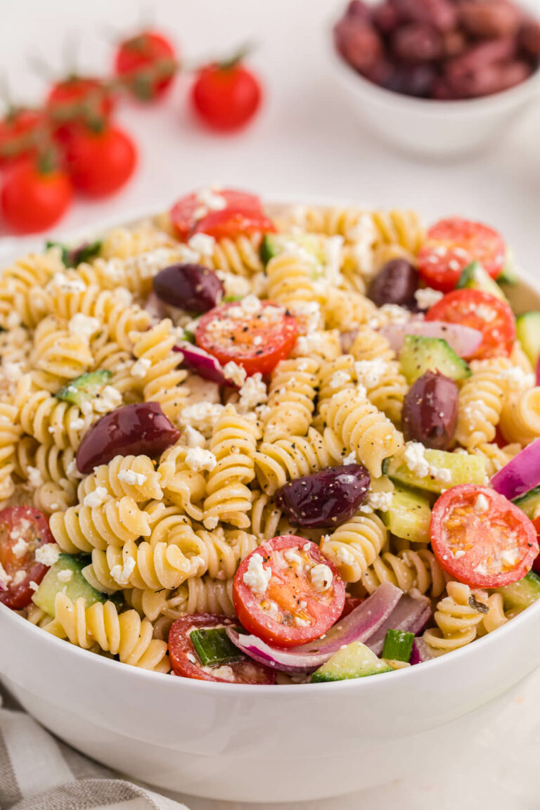 A bowl of Greek pasta salad.