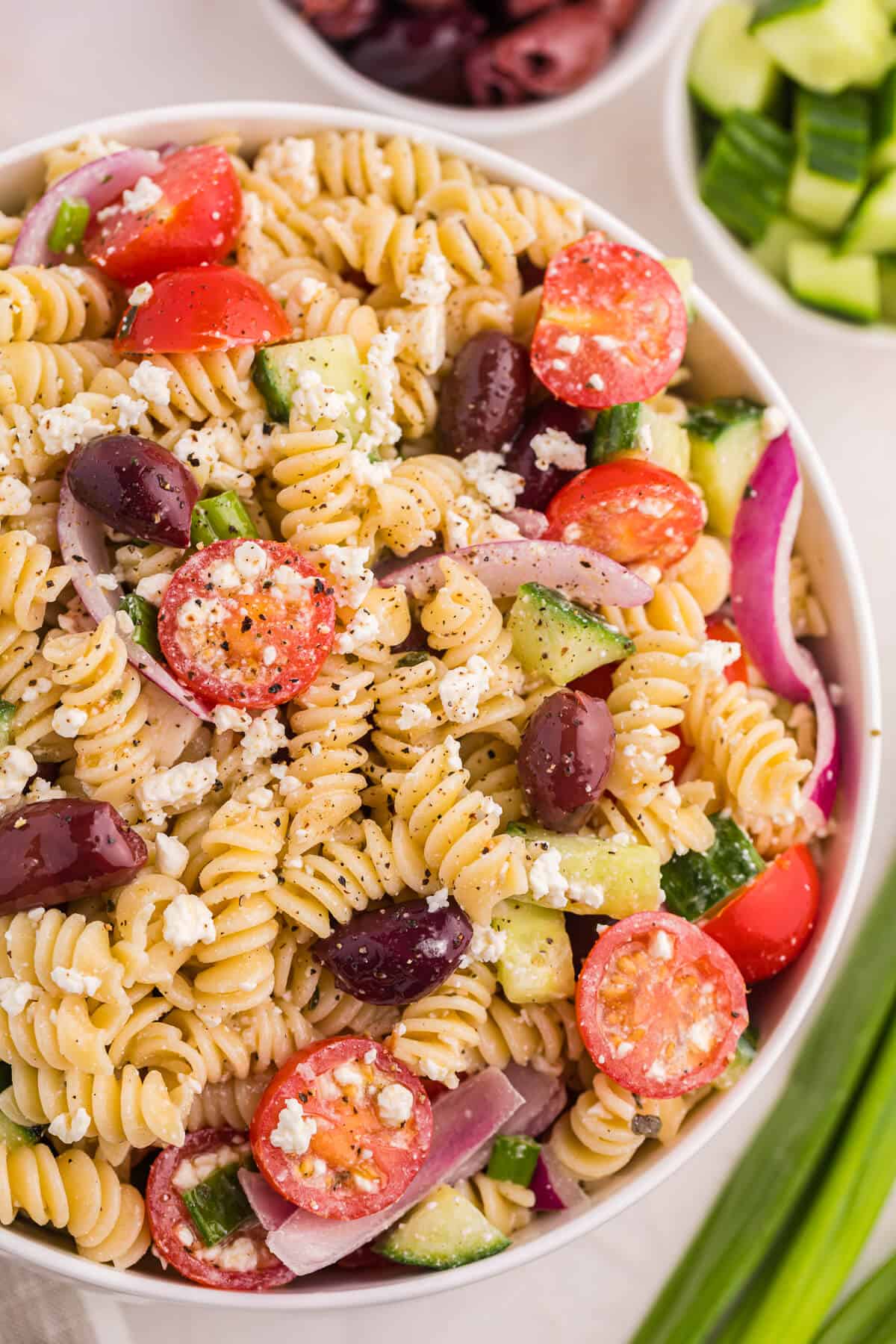 A bowl of Greek pasta salad.