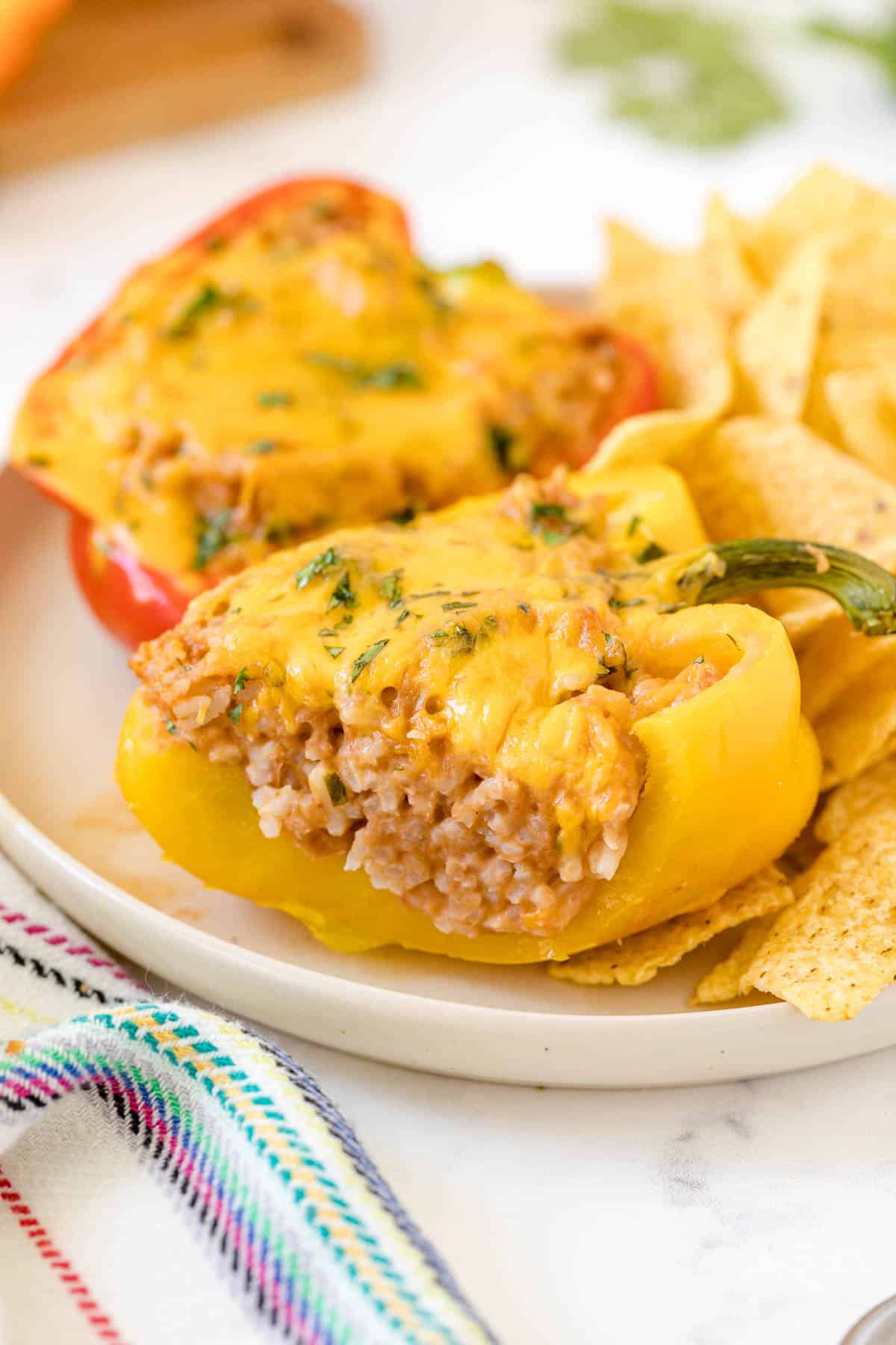 A Mexican stuffed pepper cut in half.