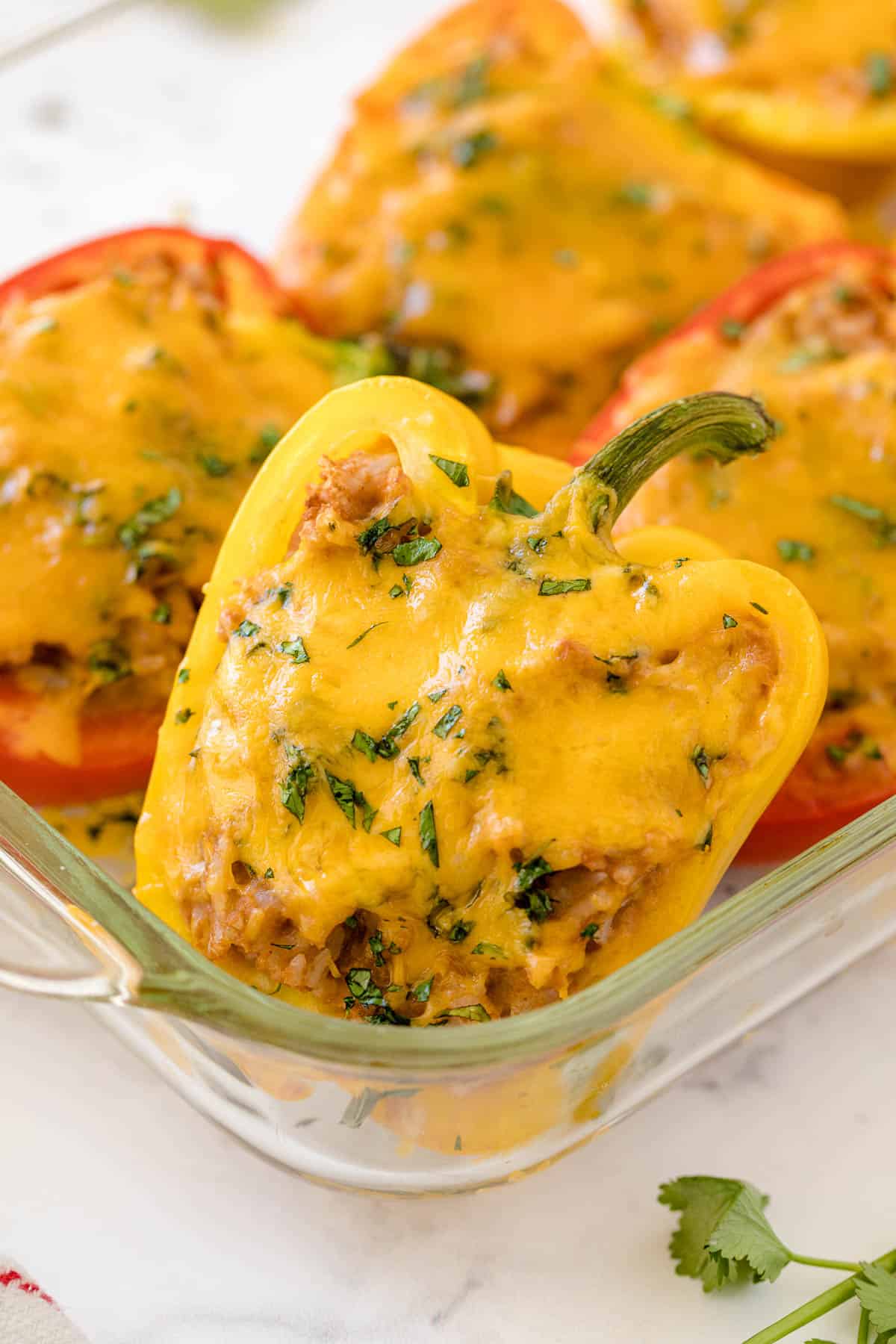 Mexican stuffed peppers in a casserole dish.