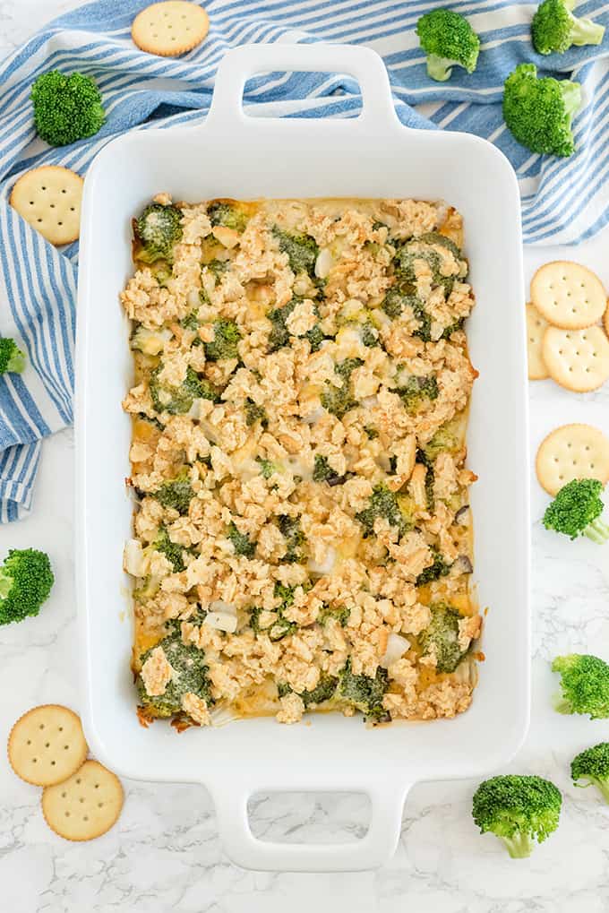 Broccoli Casserole - Tender broccoli and creamy mushroom sauce, topped with cheese and a crispy cracker topping - this side dish is a classic for a reason! This is easy comfort food, that everyone in the family is sure to love.