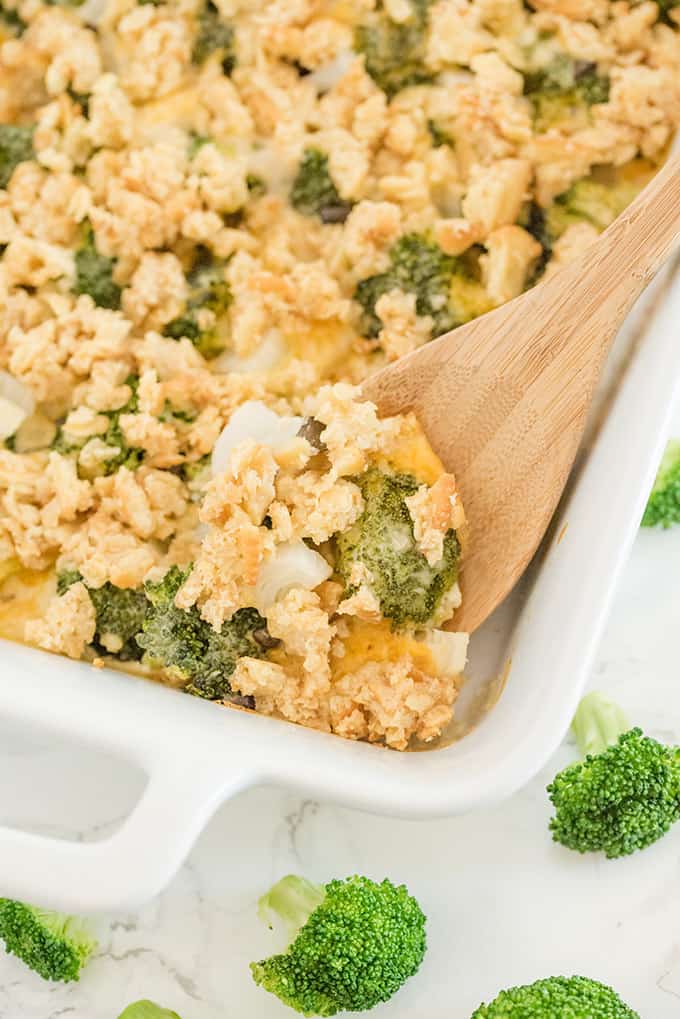 Broccoli Casserole - Tender broccoli and creamy mushroom sauce, topped with cheese and a crispy cracker topping - this side dish is a classic for a reason! This is easy comfort food, that everyone in the family is sure to love.