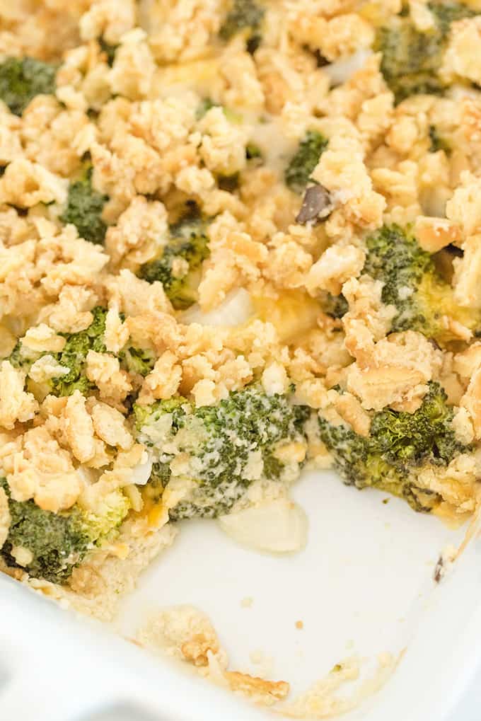 Broccoli Casserole - Tender broccoli and creamy mushroom sauce, topped with cheese and a crispy cracker topping - this side dish is a classic for a reason! This is easy comfort food, that everyone in the family is sure to love.