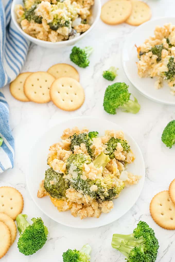 Broccoli Casserole - Tender broccoli and creamy mushroom sauce, topped with cheese and a crispy cracker topping - this side dish is a classic for a reason! This is easy comfort food, that everyone in the family is sure to love.