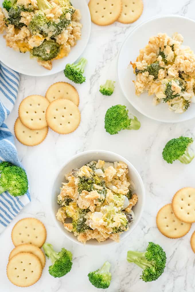 Broccoli Casserole - Tender broccoli and creamy mushroom sauce, topped with cheese and a crispy cracker topping - this side dish is a classic for a reason! This is easy comfort food, that everyone in the family is sure to love.