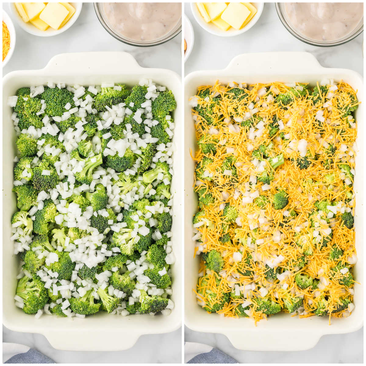 Collage of adding the veggies and cheese to a casserole pan.