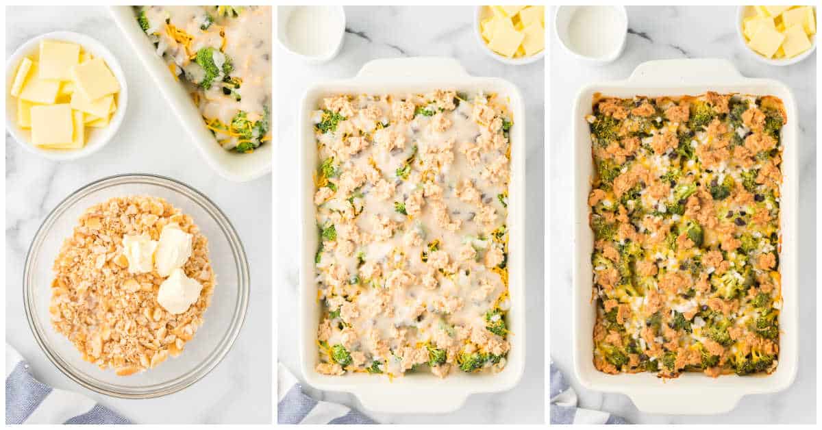 Collage of making the crakcer topping and baking the casserole.