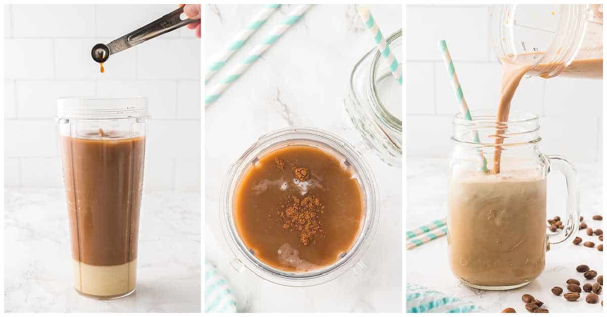 Collage of blending and pouring into a mug.