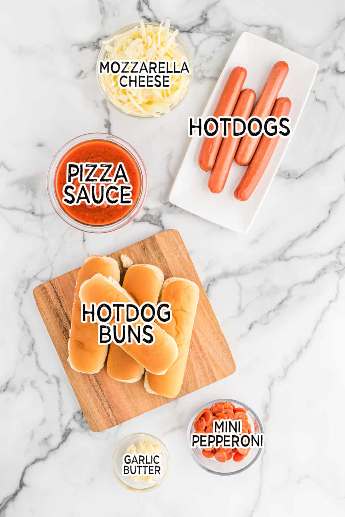 Pizza hot dog ingredients.