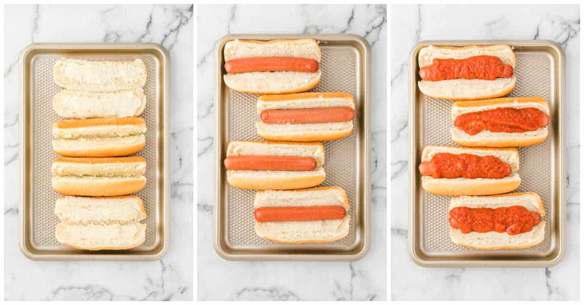 Steps to make pizza hot dogs.