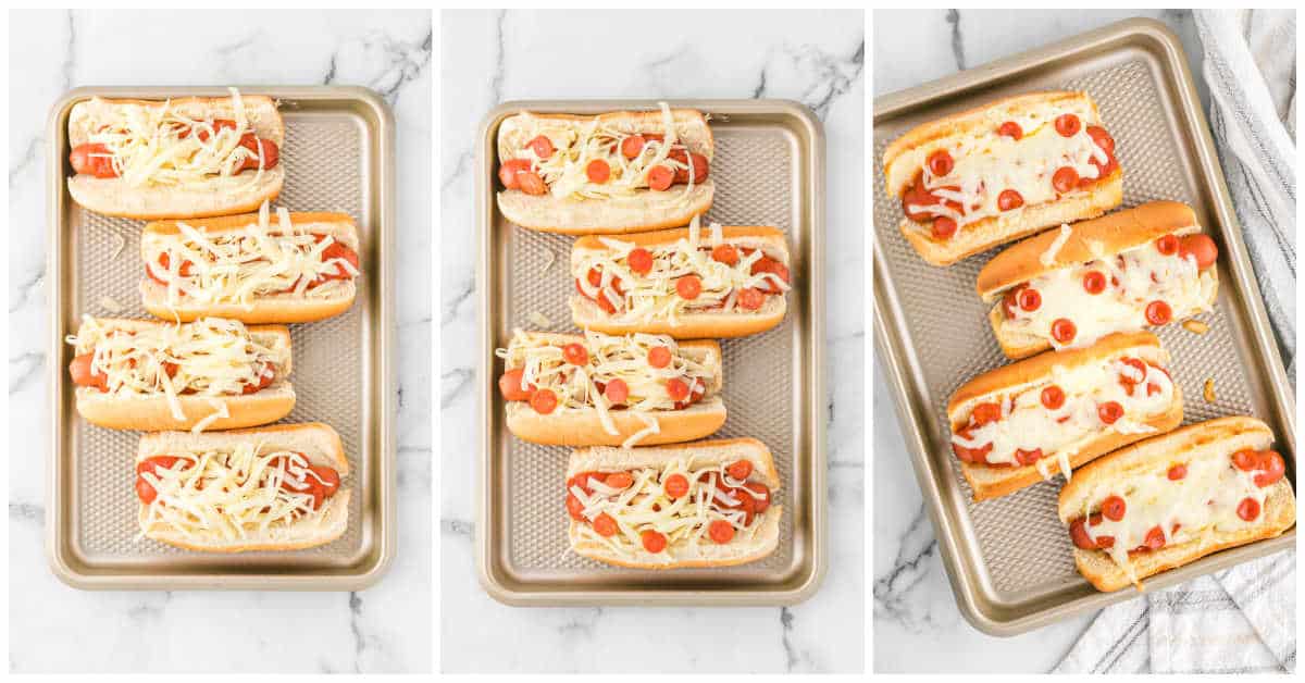 Steps to make pizza hot dogs.