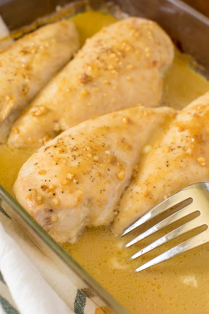 The recipe in a pan with a fork.