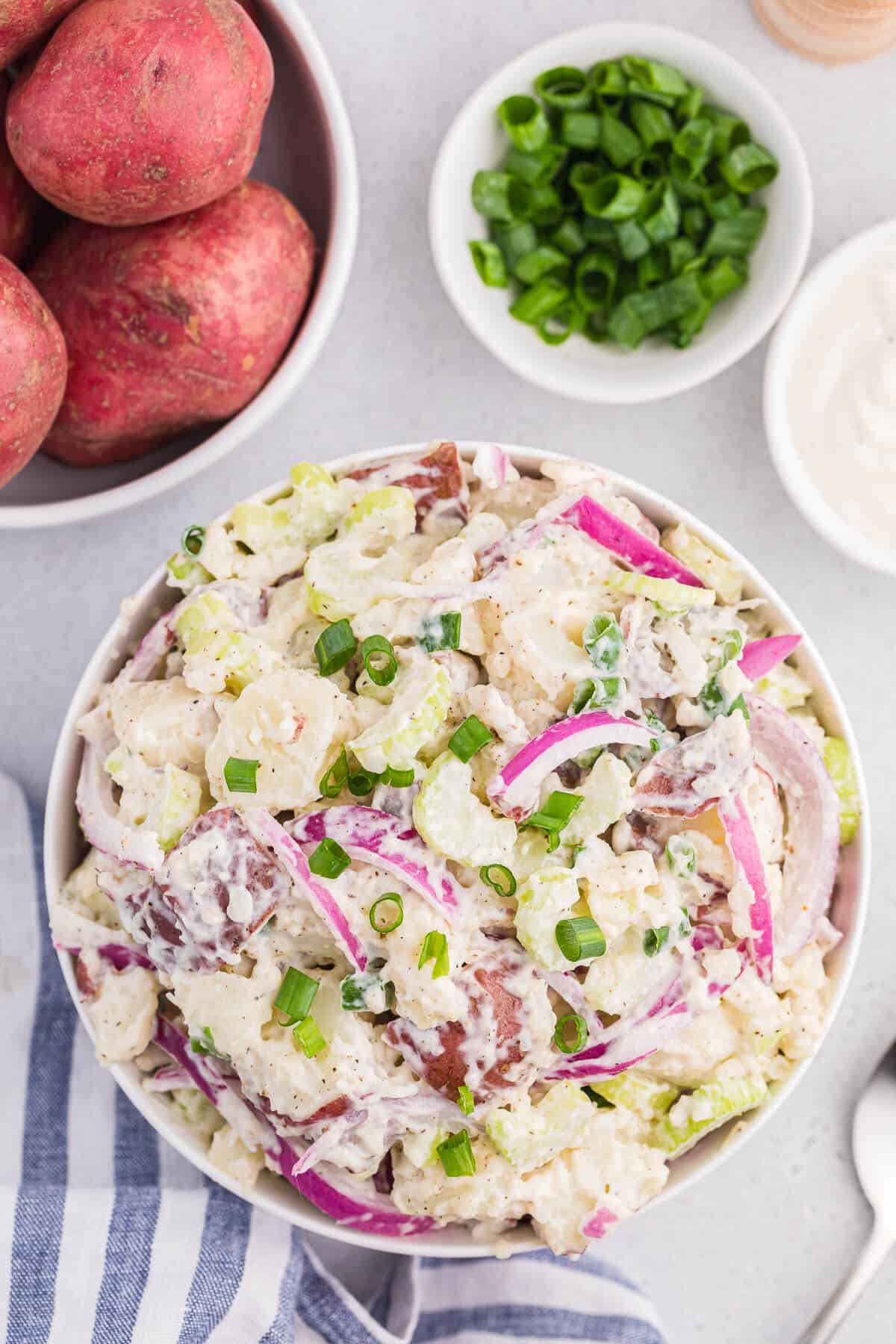 Ranch potato salad in a bowl.