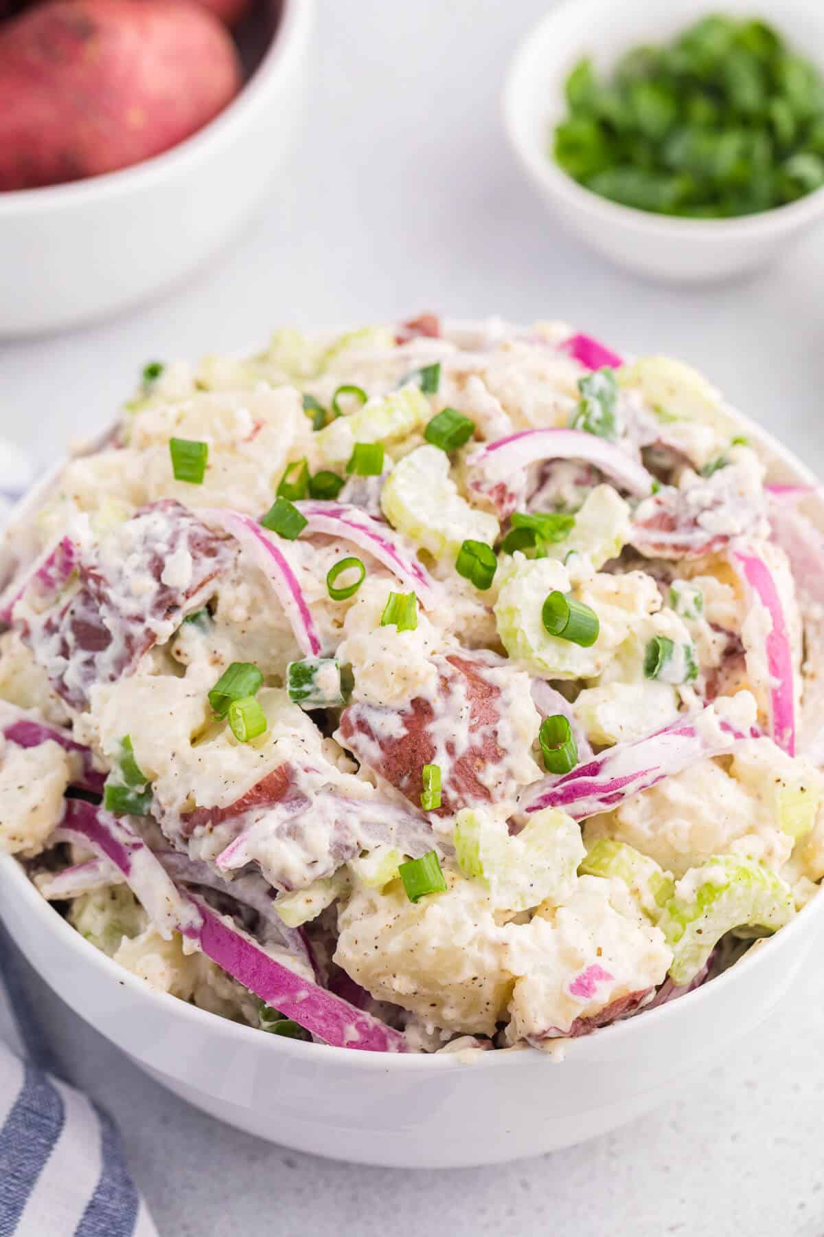 Ranch potato salad in a bowl.