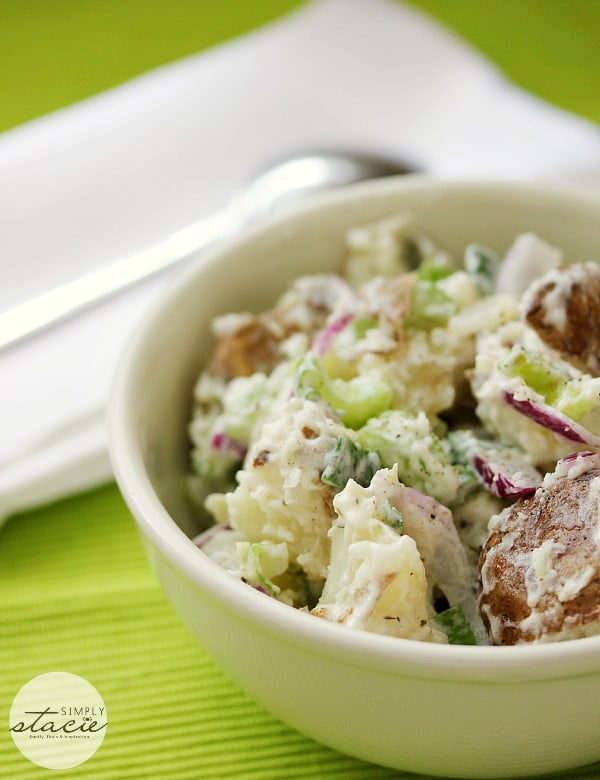 Ranch Potato Salad - This easy potato salad recipe is perfect chilled or warm! Ditch the mayo and add a little ranch dressing for this simple, but flavorful recipe.