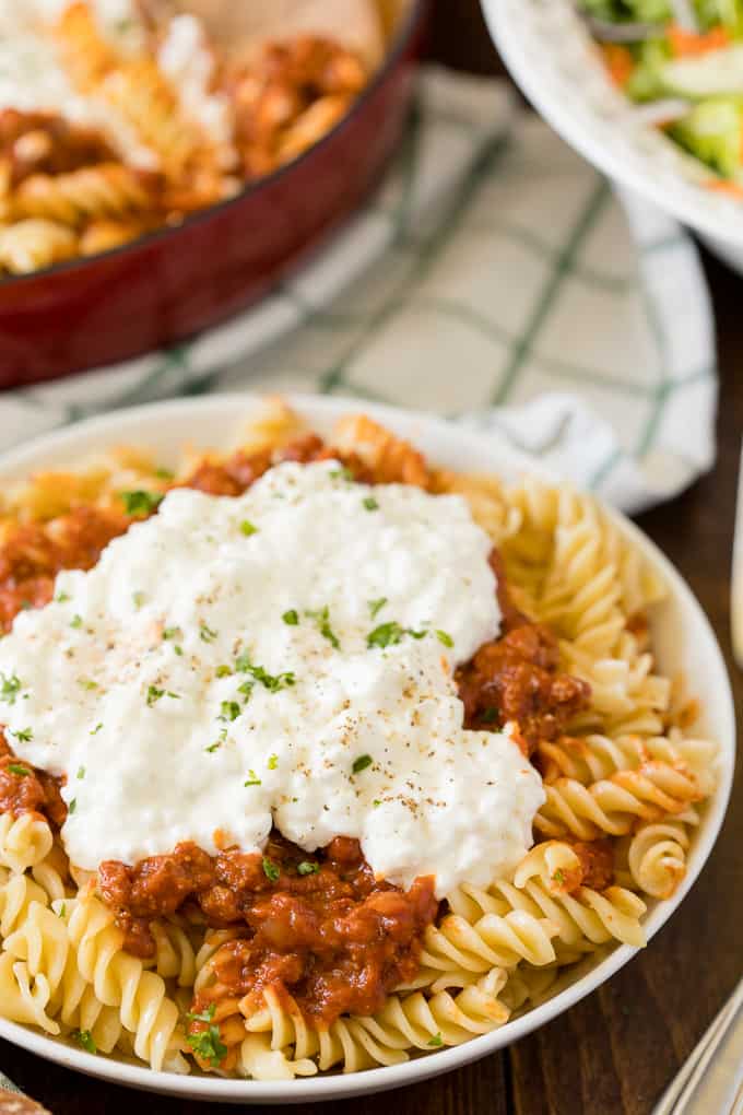 Lasagna Bowl - As tasty as the original without all the work! A quick and simple pasta dish with layers of noodles, sauce, and cheese.