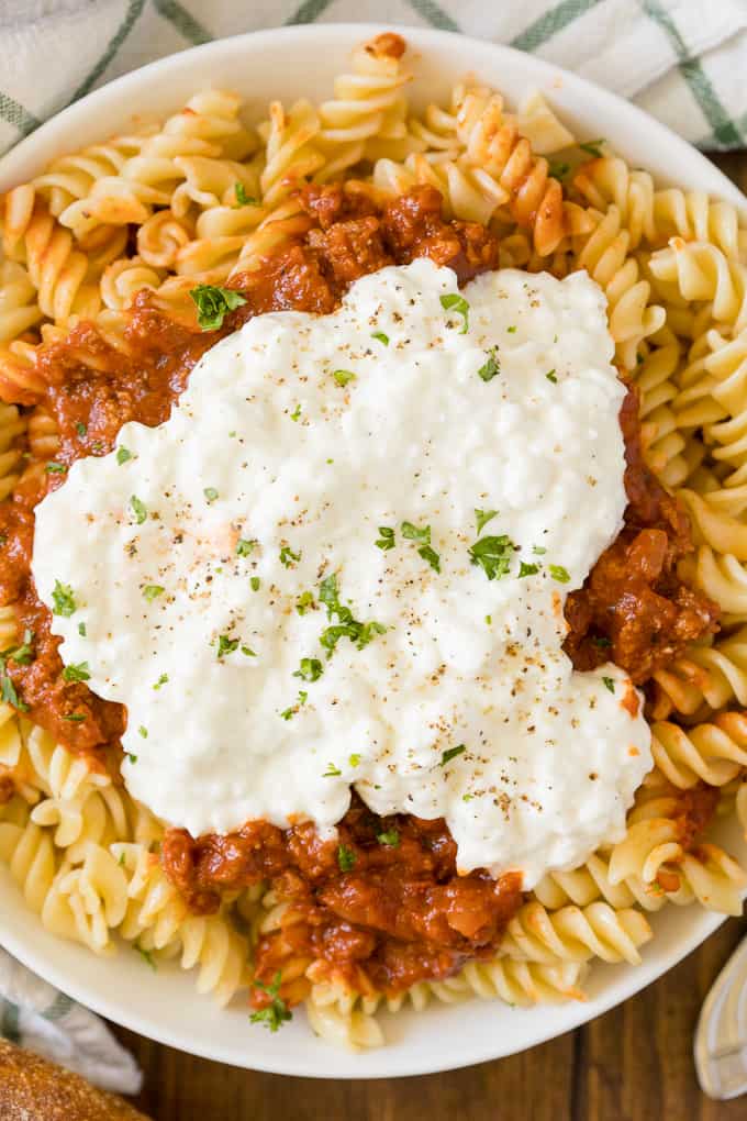 Lasagna Bowl - As tasty as the original without all the work! A quick and simple pasta dish with layers of noodles, sauce, and cheese.