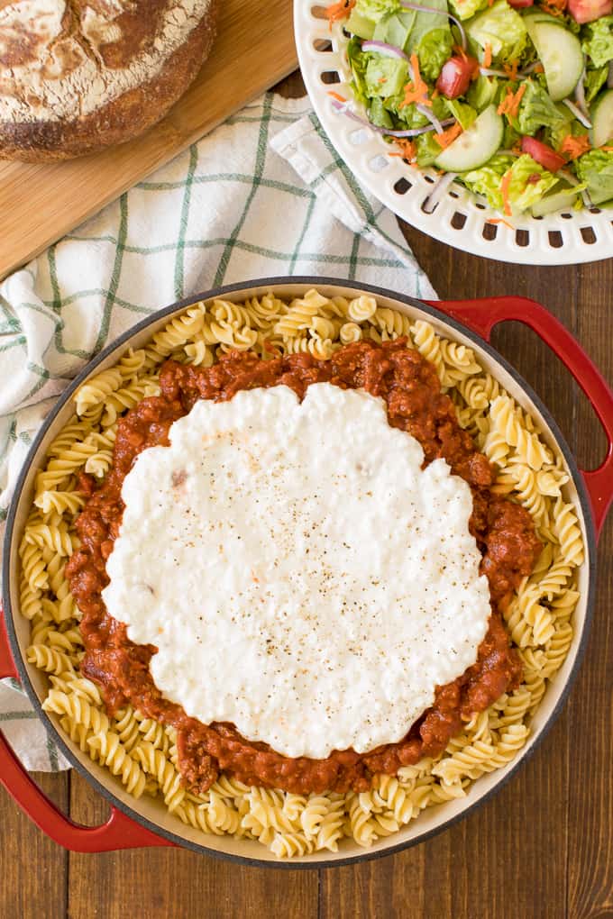 Lasagna Bowl - As tasty as the original without all the work! A quick and simple pasta dish with layers of noodles, sauce, and cheese.