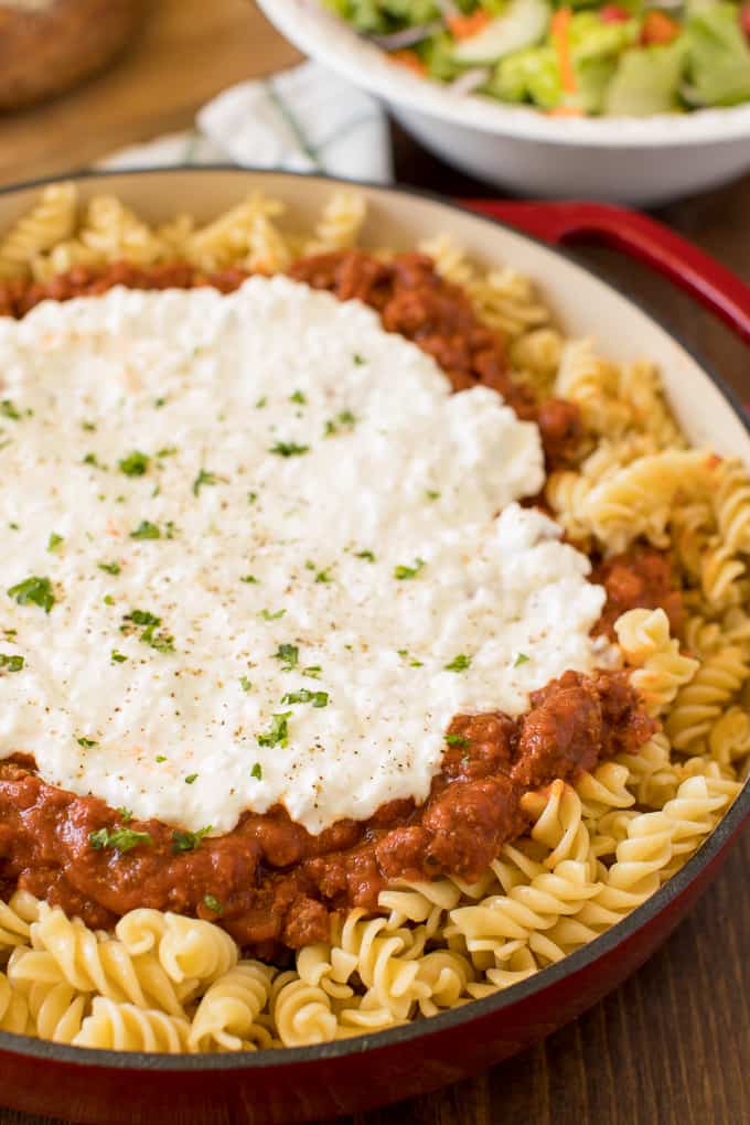 Lasagna Bowl - As tasty as the original without all the work! A quick and simple pasta dish with layers of noodles, sauce, and cheese.