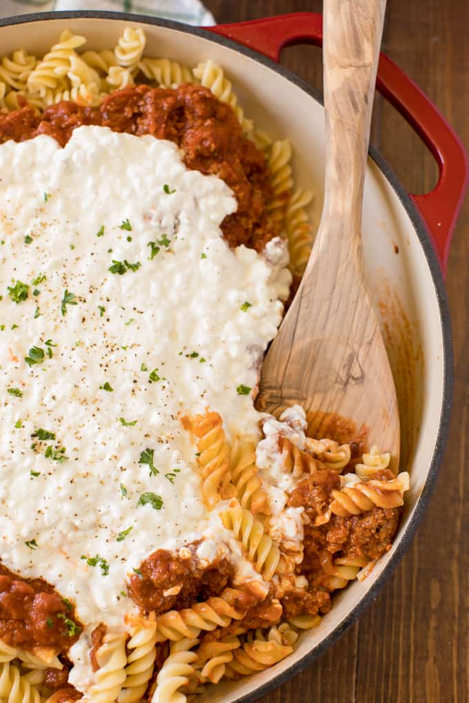 Lasagna Bowl - As tasty as the original without all the work! A quick and simple pasta dish with layers of noodles, sauce, and cheese.