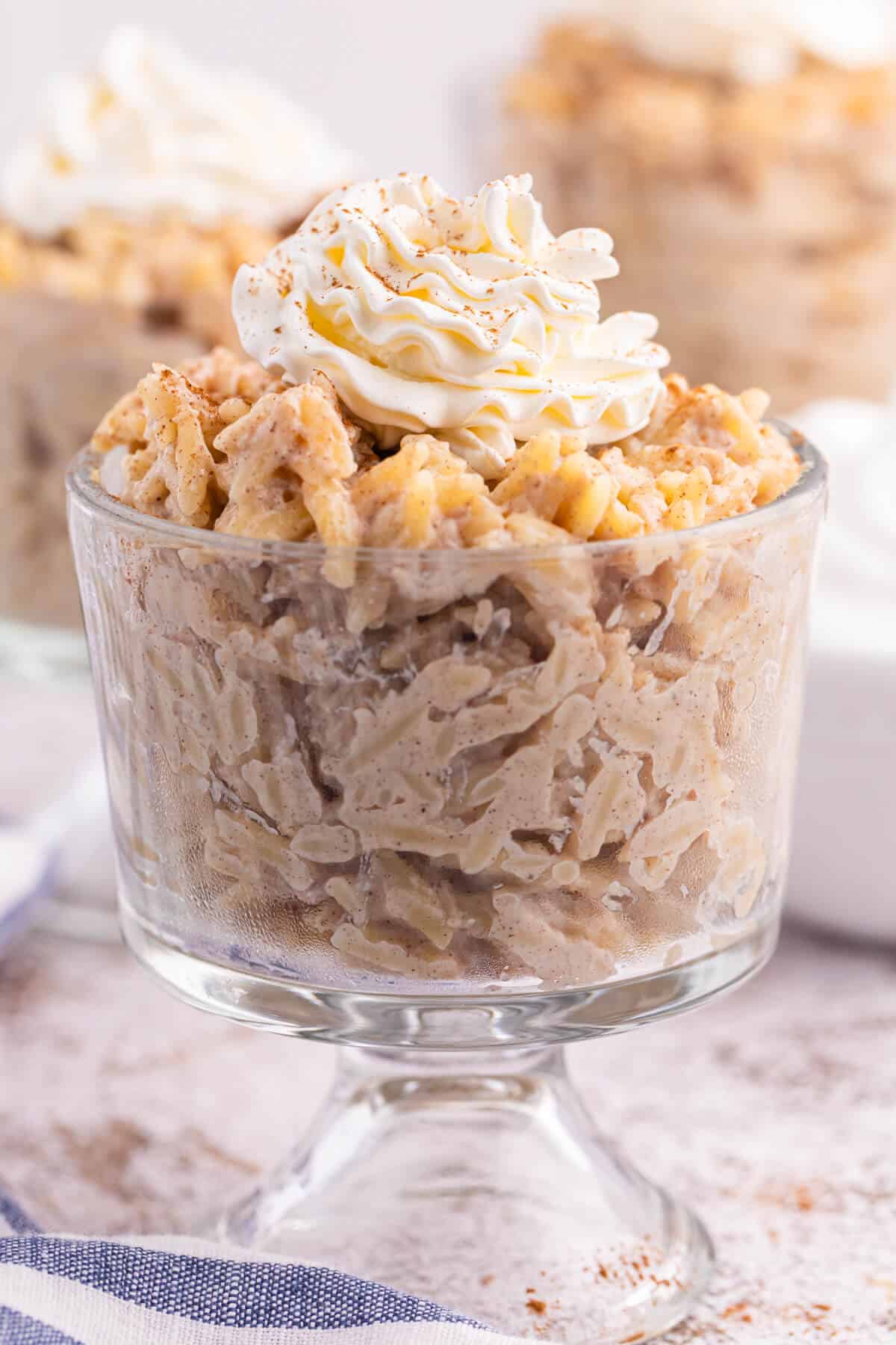 Orzo pudding in a parfait dish.