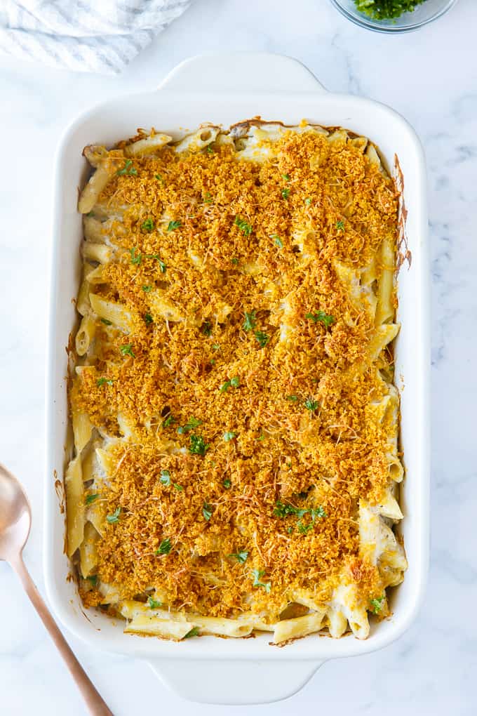 Tuna Noodle Casserole - creamy noodles topped with a crunchy cheesy topping. Chip dip is the secret ingredient!