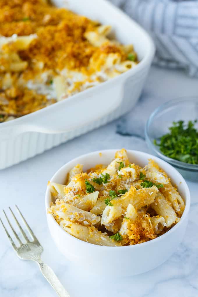 Tuna Noodle Casserole - creamy noodles topped with a crunchy cheesy topping. Chip dip is the secret ingredient!