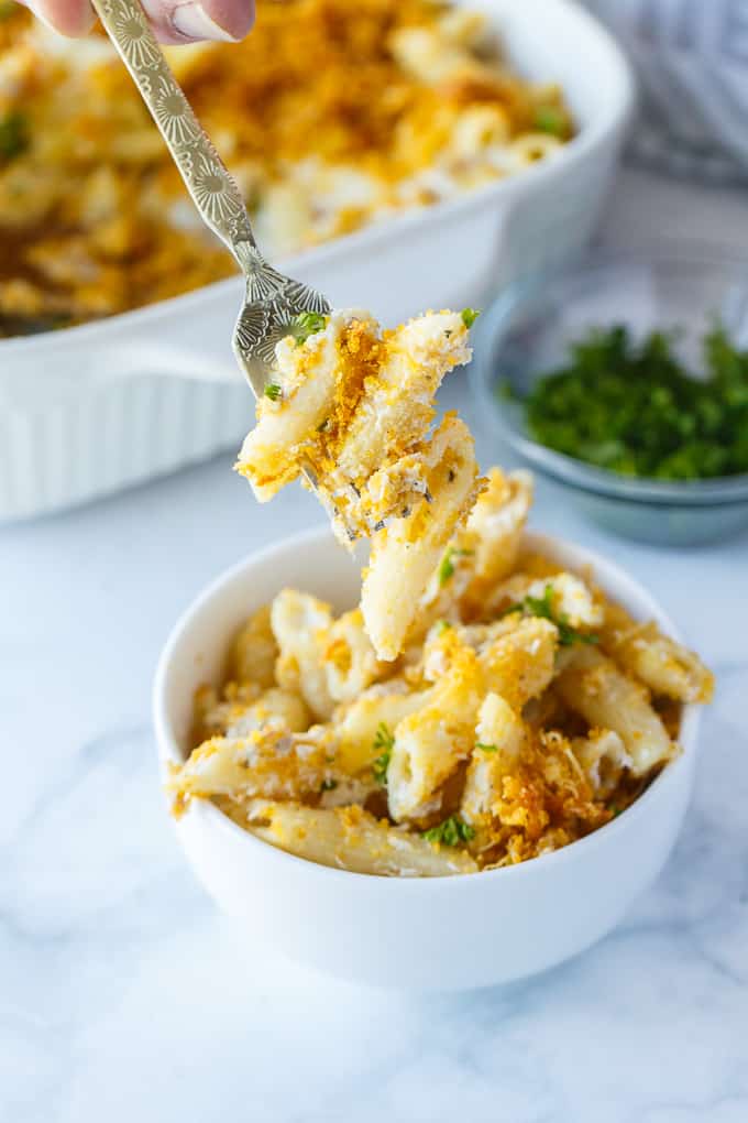 Tuna Noodle Casserole - creamy noodles topped with a crunchy cheesy topping. Chip dip is the secret ingredient!