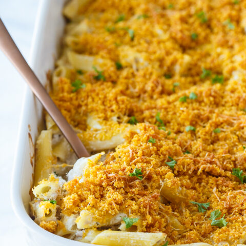 Tuna Noodle Casserole - creamy noodles topped with a crunchy cheesy topping. Chip dip is the secret ingredient!