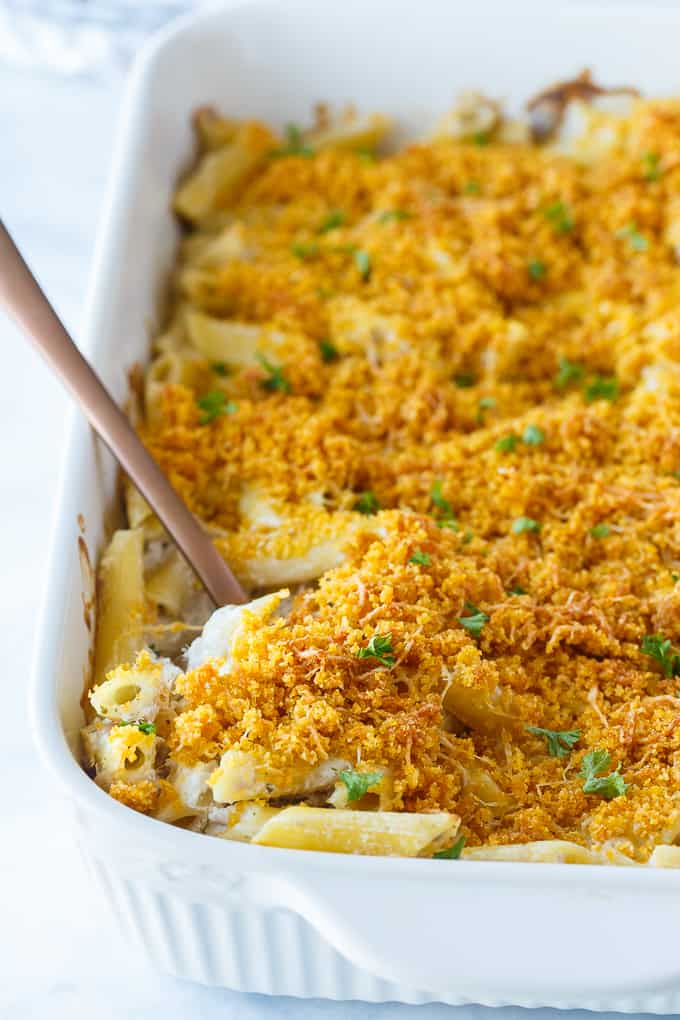 Tuna Noodle Casserole - creamy noodles topped with a crunchy cheesy topping. Chip dip is the secret ingredient!