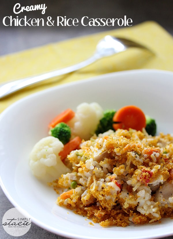 Creamy Chicken & Rice Casserole - Chicken, rice, veggies and a cheesy broccoli sauce are combined to make an easy one-dish meal, topped with a crunchy, buttery crust. This easy dinner idea is the definition of comfort food!