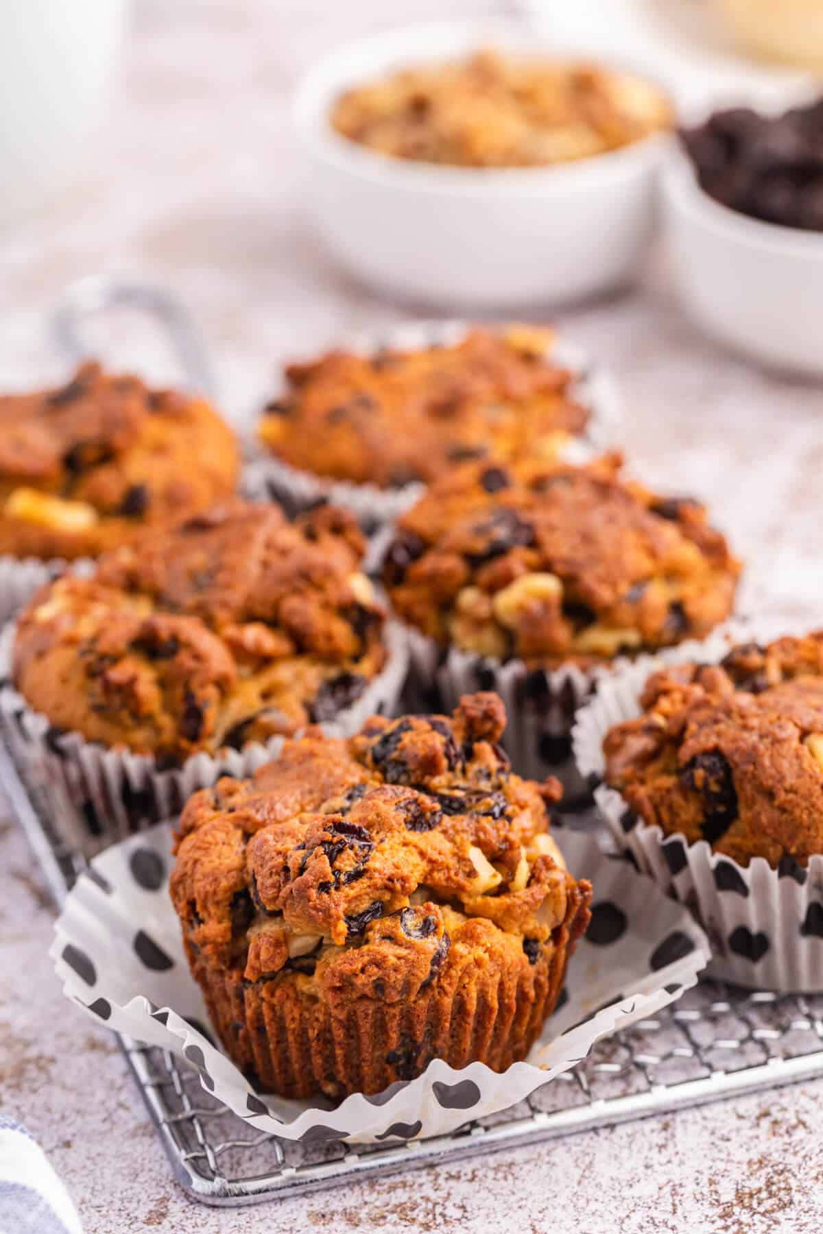 Butter tart muffins on a wire rack.