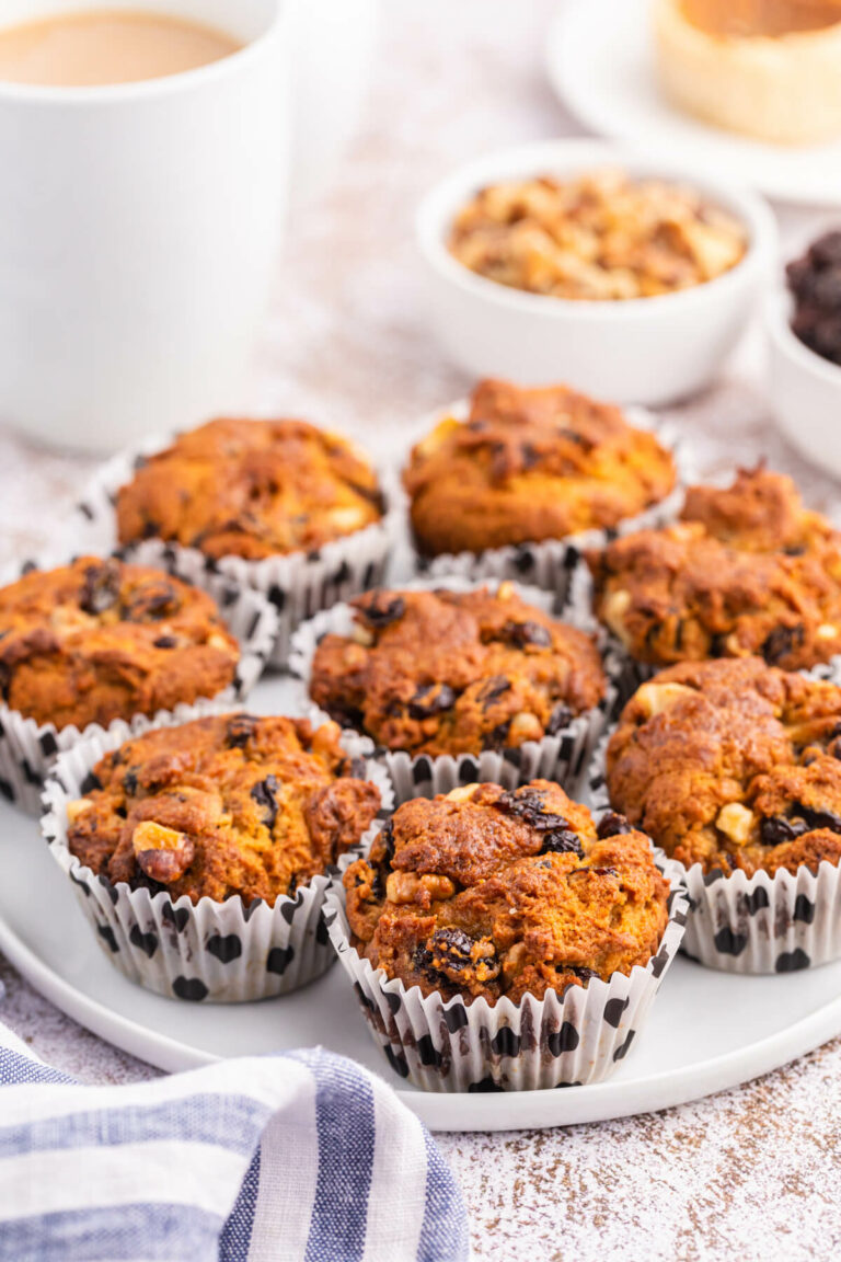 Butter tart muffins on a white plate.